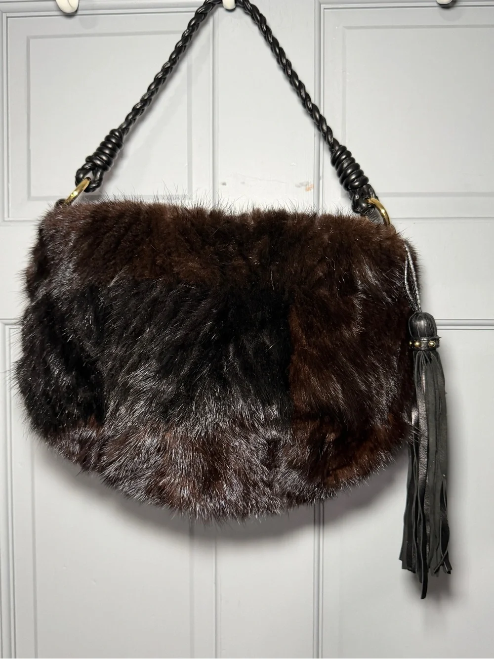 Paolo Masi Dark Mink Fur Shoulder Bag with Black Tassel - dark brown, black
